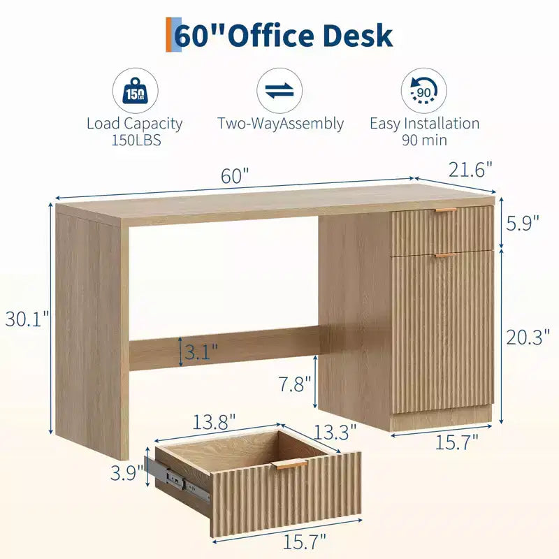 Bureau exécutif 60 po avec rangement, bureau moderne avec tiroir et armoire, bureaux d'ordinateur en bois cannelé, poste de travail, table de conférence pour l'étude, chêne naturel