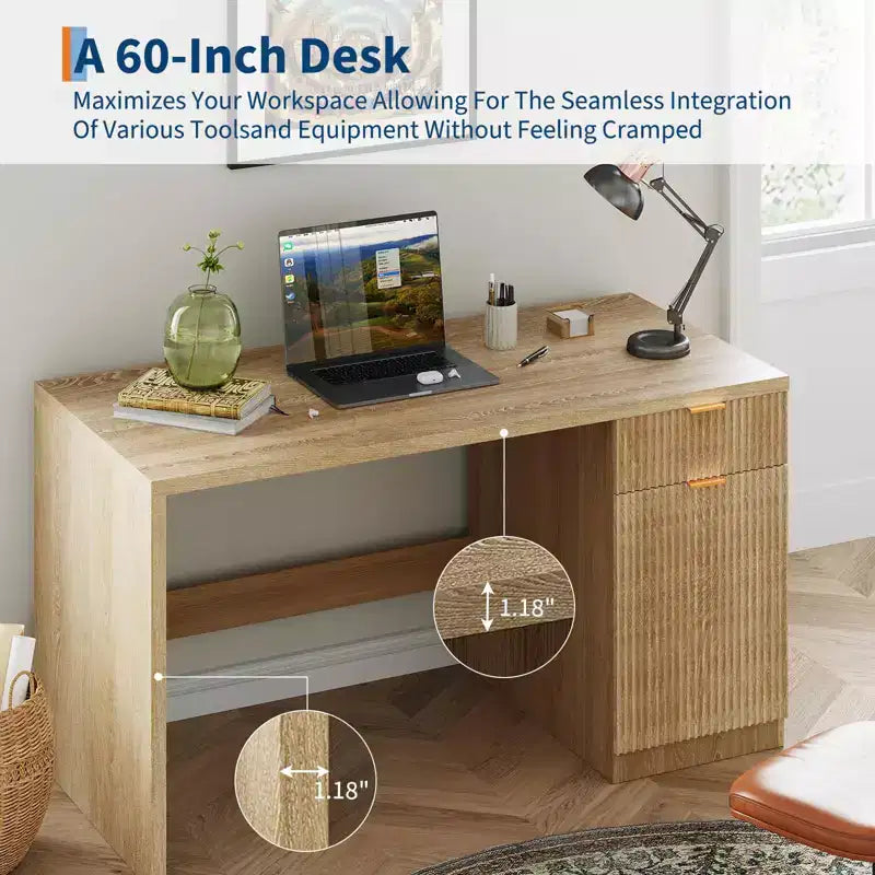 Bureau exécutif 60 po avec rangement, bureau moderne avec tiroir et armoire, bureaux d'ordinateur en bois cannelé, poste de travail, table de conférence pour l'étude, chêne naturel