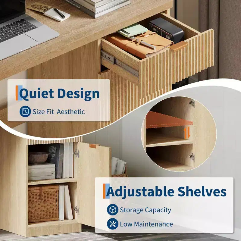 Bureau exécutif 60 po avec rangement, bureau moderne avec tiroir et armoire, bureaux d'ordinateur en bois cannelé, poste de travail, table de conférence pour l'étude, chêne naturel