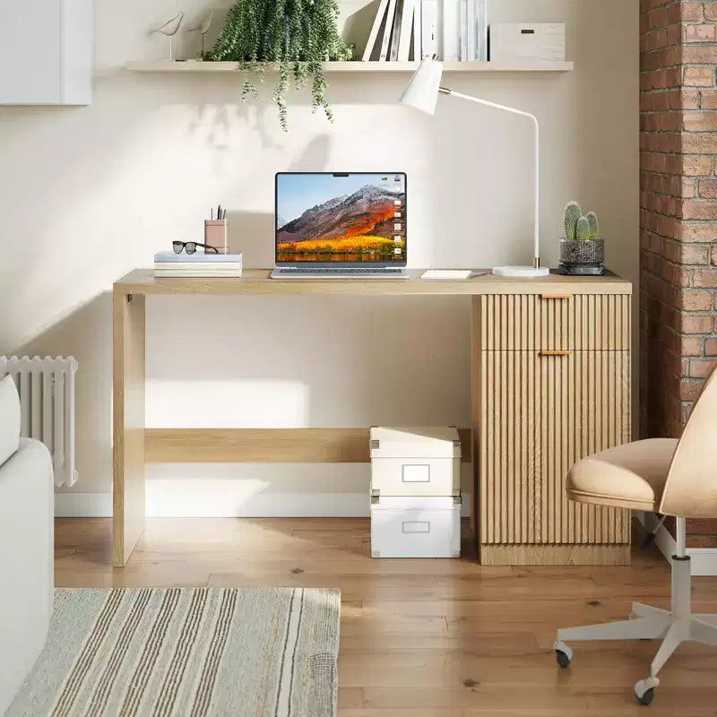 Bureau exécutif 60 po avec rangement, bureau moderne avec tiroir et armoire, bureaux d'ordinateur en bois cannelé, poste de travail, table de conférence pour l'étude, chêne naturel