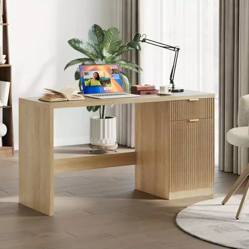 Bureau exécutif 60 po avec rangement, bureau moderne avec tiroir et armoire, bureaux d'ordinateur en bois cannelé, poste de travail, table de conférence pour l'étude, chêne naturel
