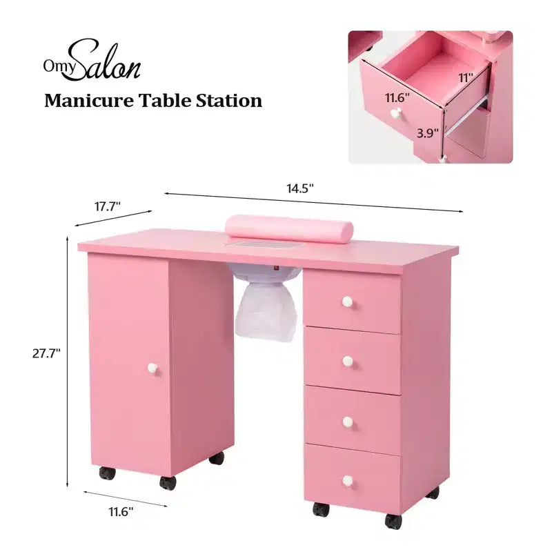 Table de manucure blanche 4 tiroirs en MDF de 42,5 po avec armoire, portes et collecteur de poussière électrique