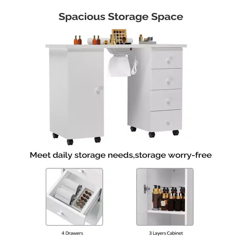 Table de manucure blanche 4 tiroirs en MDF de 42,5 po avec armoire, portes et collecteur de poussière électrique