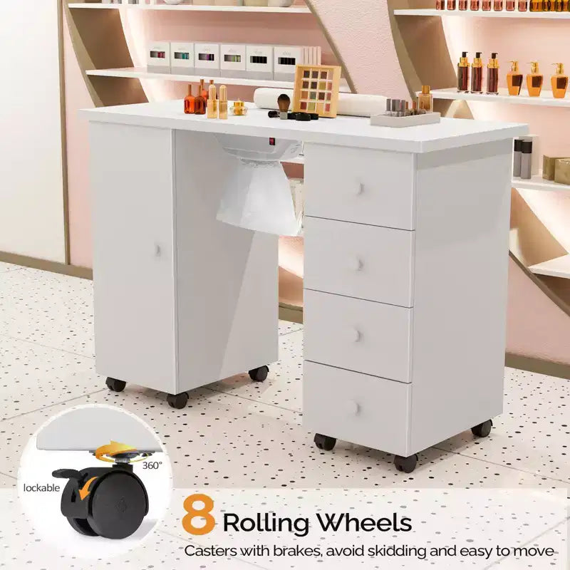Table de manucure blanche 4 tiroirs en MDF de 42,5 po avec armoire, portes et collecteur de poussière électrique
