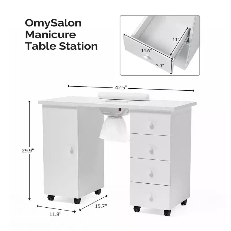 Table de manucure blanche 4 tiroirs en MDF de 42,5 po avec armoire, portes et collecteur de poussière électrique