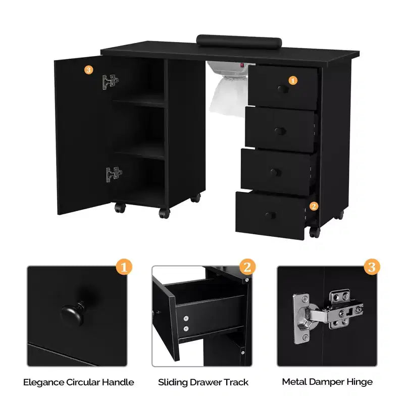 Table de manucure blanche 4 tiroirs en MDF de 42,5 po avec armoire, portes et collecteur de poussière électrique