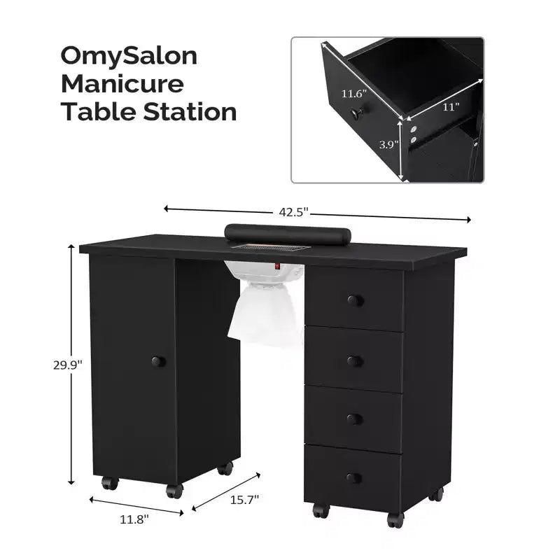 Table de manucure blanche 4 tiroirs en MDF de 42,5 po avec armoire, portes et collecteur de poussière électrique