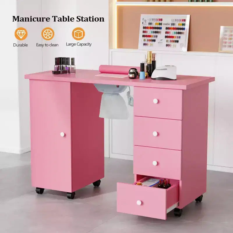 Table de manucure blanche 4 tiroirs en MDF de 42,5 po avec armoire, portes et collecteur de poussière électrique