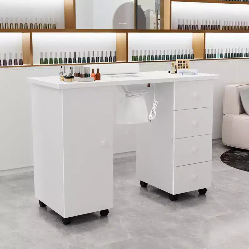 Karlhome 42.5 in. White MDF 4-Drawer Manicure Table Nail Desk with Cabinet, Doors, Electric Dust Collector