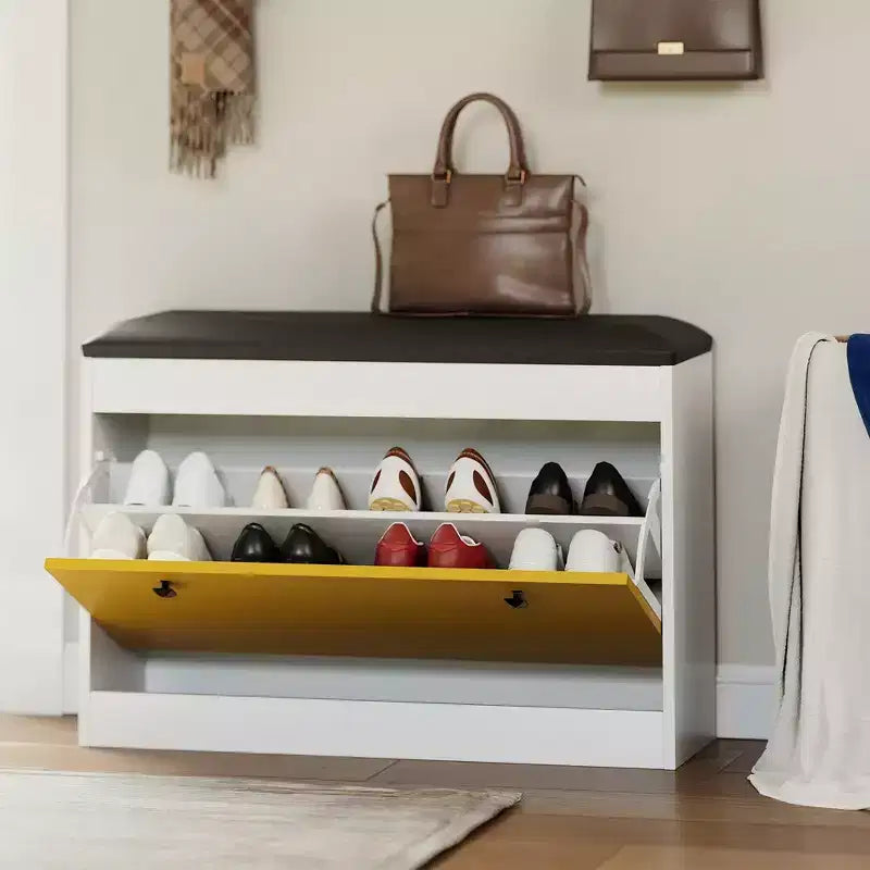 Shoe Storage Bench, 31.5'' Shoe Organizer Bench with Flip Drawer & PU Cushion, Modern Entryway Shoe Cabinet