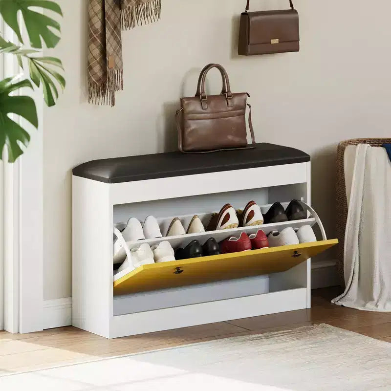 Banc à Chaussures, Banc de Rangement à Chaussures de 80 cm avec Tiroir Basculant et Coussin en PU, Meuble à Chaussures Moderne pour Entrée