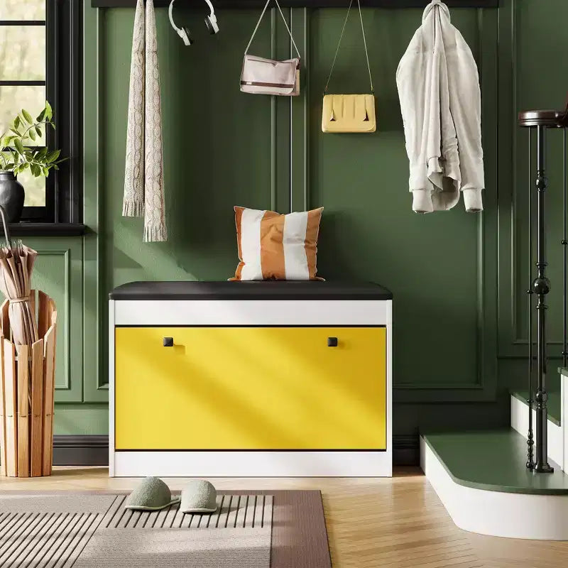 Banc à Chaussures, Banc de Rangement à Chaussures de 80 cm avec Tiroir Basculant et Coussin en PU, Meuble à Chaussures Moderne pour Entrée