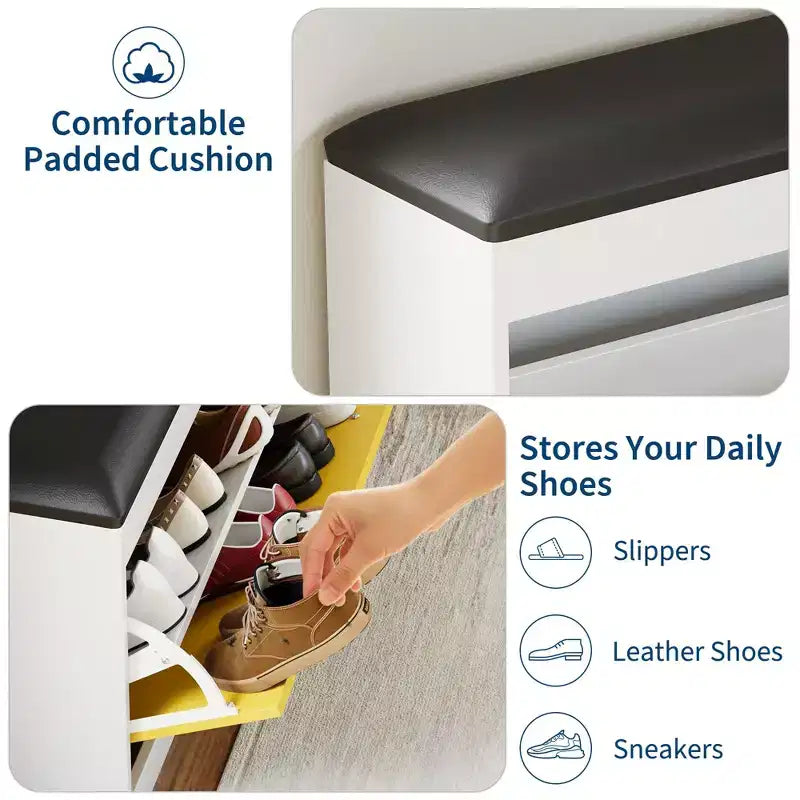 Banc à Chaussures, Banc de Rangement à Chaussures de 80 cm avec Tiroir Basculant et Coussin en PU, Meuble à Chaussures Moderne pour Entrée