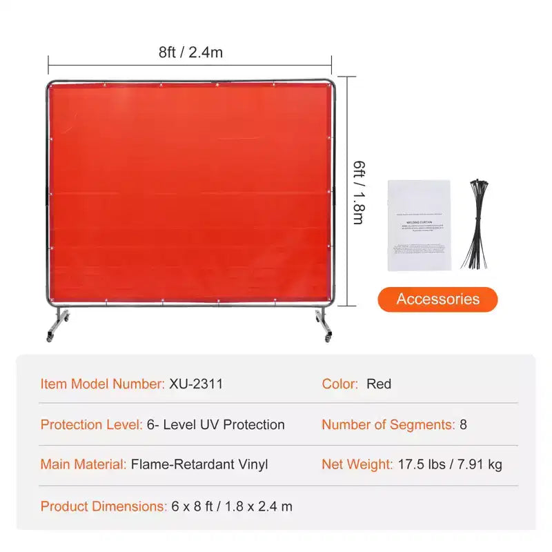 Écran de soudage avec cadre, écran de rideau de soudage de 1,8 x 2,4 m, écran de protection de soudage en vinyle ignifuge sur 4 roulettes pivotantes (dont 2 verrouillables), rouge