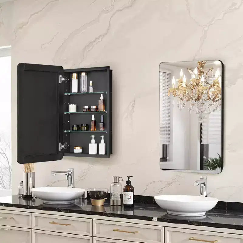 Armoire à pharmacie, 16,5 x 27,5 pouces, Armoire à pharmacie de salle de bain avec miroir, cadre en aluminium, étagères réglables à 3 niveaux, noire