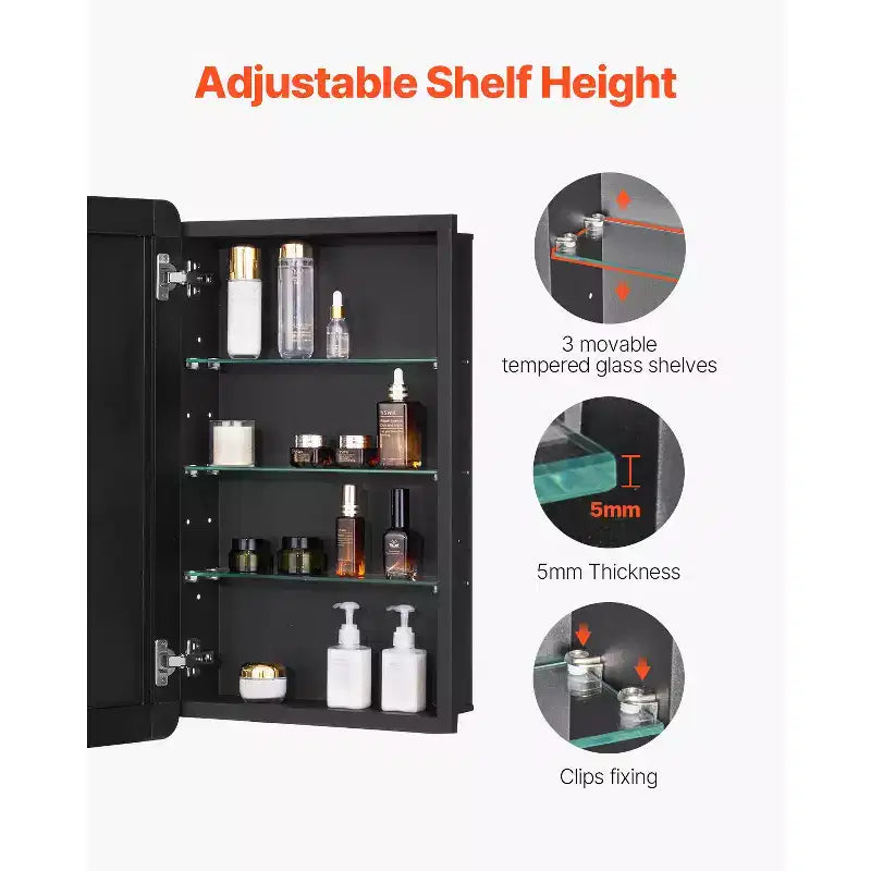 Armoire à pharmacie, 16,5 x 27,5 pouces, Armoire à pharmacie de salle de bain avec miroir, cadre en aluminium, étagères réglables à 3 niveaux, noire