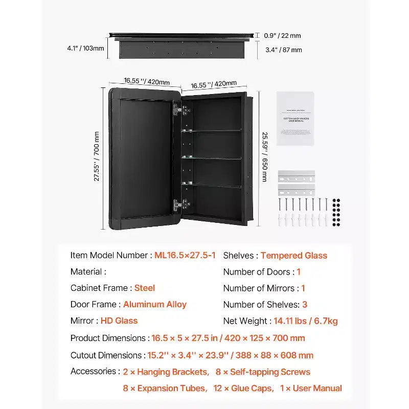 Armoire à pharmacie, 16,5 x 27,5 pouces, Armoire à pharmacie de salle de bain avec miroir, cadre en aluminium, étagères réglables à 3 niveaux, noire