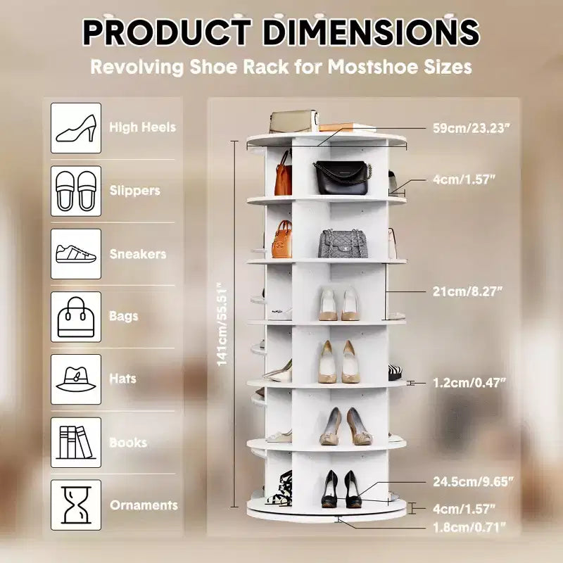 Tour de rangement rotative pour chaussures, organisateur de chaussures rotatif à 360°, étagère rotative de grande capacité, carrousel rond, bibliothèque, support de sacs à main