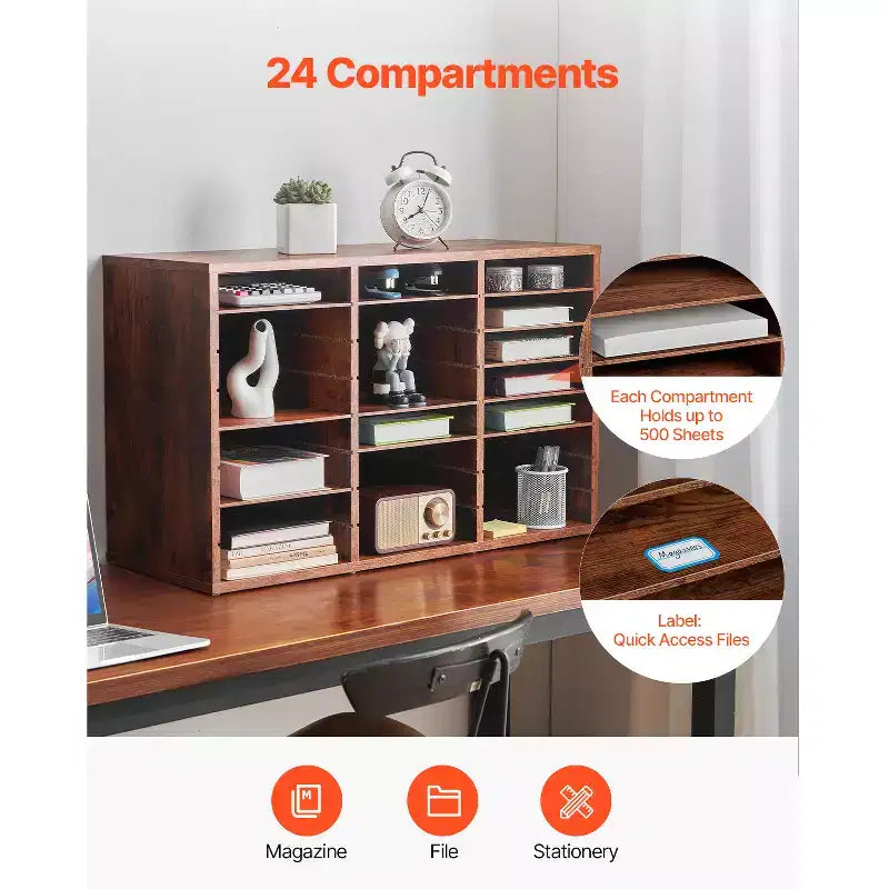 Organisateur de documents, 24 compartiments pour bureau, avec étagères amovibles, trieur en bois aggloméré, marron