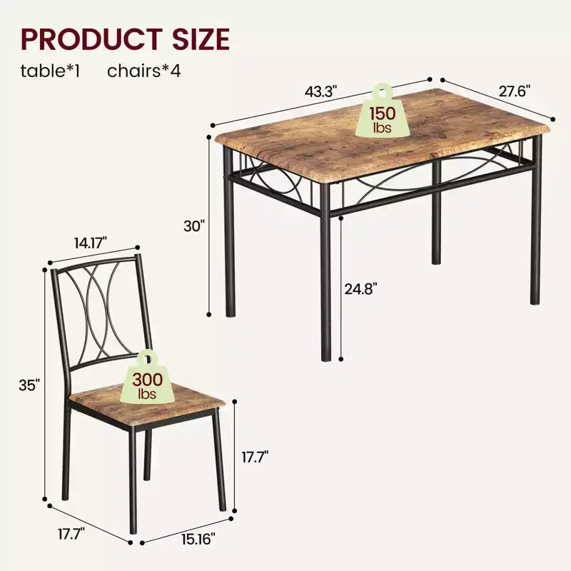 Table et chaises de cuisine, ensemble de table à manger pour 4 personnes avec chaises, ensemble de table de cuisine rectangulaire en métal et bois