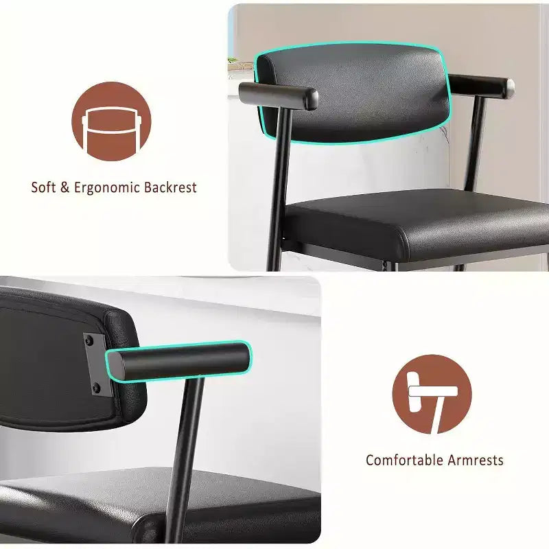 Tabourets de bar à hauteur de comptoir avec accoudoirs, assise et dossier larges rembourrés, structure métallique avec repose-pieds pour îlot de cuisine, marron rustique