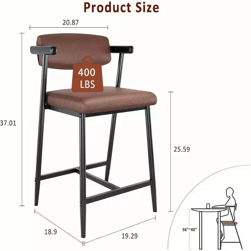 Tabourets de bar à hauteur de comptoir avec accoudoirs, assise et dossier larges rembourrés, structure métallique avec repose-pieds pour îlot de cuisine, marron rustique
