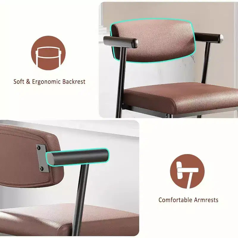 Tabourets de bar à hauteur de comptoir avec accoudoirs, assise et dossier larges rembourrés, structure métallique avec repose-pieds pour îlot de cuisine, marron rustique