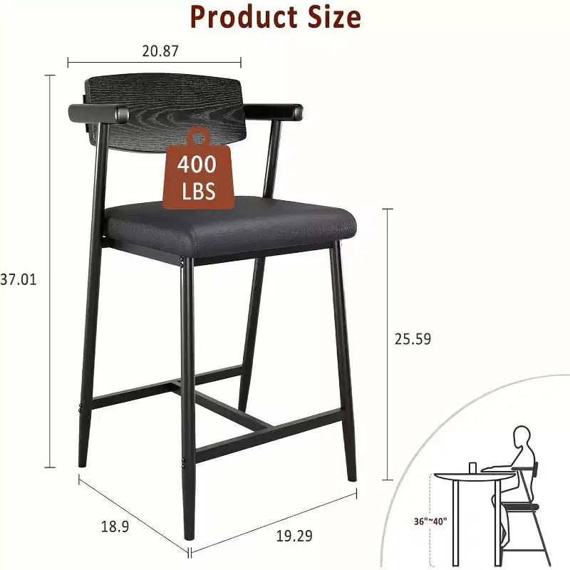 Tabourets de bar à hauteur de comptoir avec accoudoirs, assise et dossier larges rembourrés, structure métallique avec repose-pieds pour îlot de cuisine, marron rustique