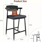 Tabourets de bar à hauteur de comptoir avec accoudoirs, assise et dossier larges rembourrés, structure métallique avec repose-pieds pour îlot de cuisine, marron rustique