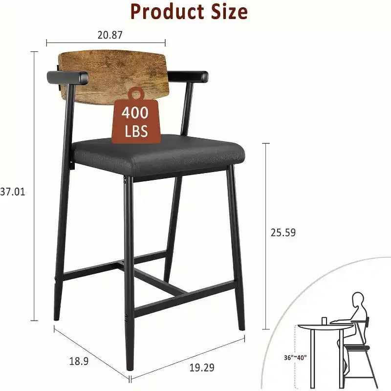 Tabourets de bar à hauteur de comptoir avec accoudoirs, assise et dossier larges rembourrés, structure métallique avec repose-pieds pour îlot de cuisine, marron rustique