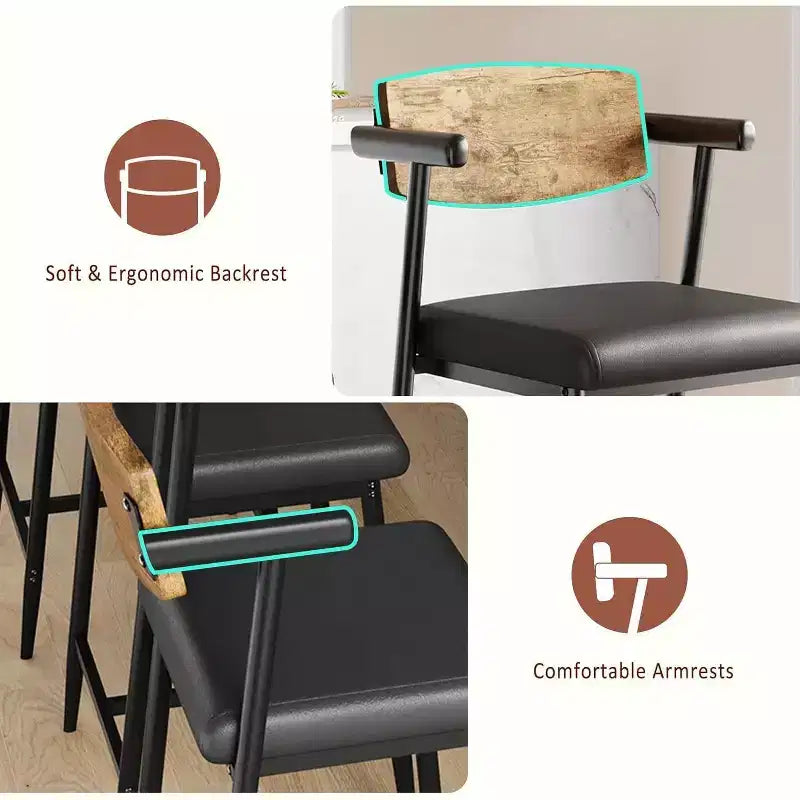 Tabourets de bar à hauteur de comptoir avec accoudoirs, assise et dossier larges rembourrés, structure métallique avec repose-pieds pour îlot de cuisine, marron rustique