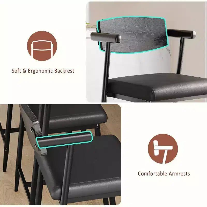 Tabourets de bar à hauteur de comptoir avec accoudoirs, assise et dossier larges rembourrés, structure métallique avec repose-pieds pour îlot de cuisine, marron rustique