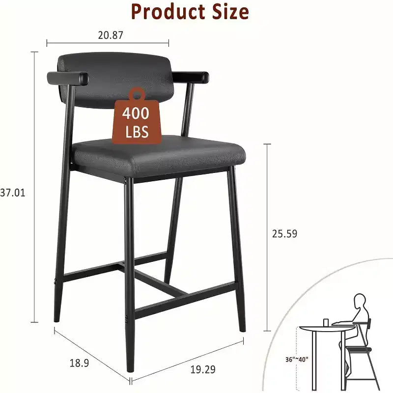 Tabourets de bar à hauteur de comptoir avec accoudoirs, assise et dossier larges rembourrés, structure métallique avec repose-pieds pour îlot de cuisine, marron rustique