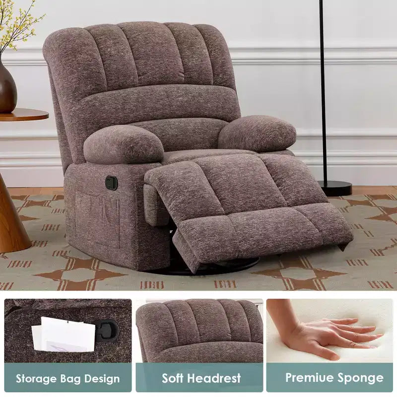 Fauteuil inclinable pivotant et à bascule surdimensionné marron pour salon d'adultes