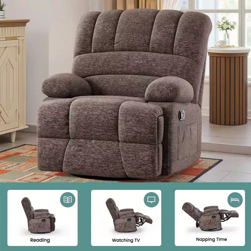 Fauteuil inclinable pivotant et à bascule surdimensionné marron pour salon d'adultes