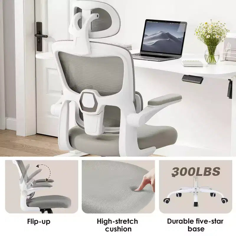 Chaise de bureau ergonomique à dossier haut avec accoudoirs relevables et soutien lombaire réglable