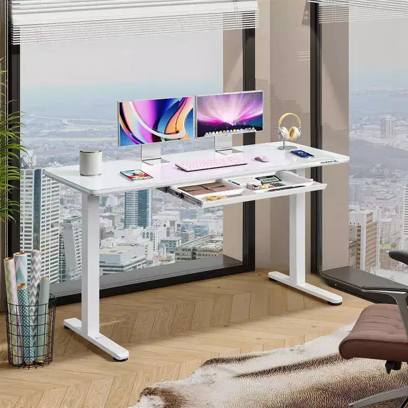 Bureau électrique réglable en hauteur de 55 pouces avec tiroirs, bureau en verre d'une seule pièce, bureau debout à installation rapide, blanc