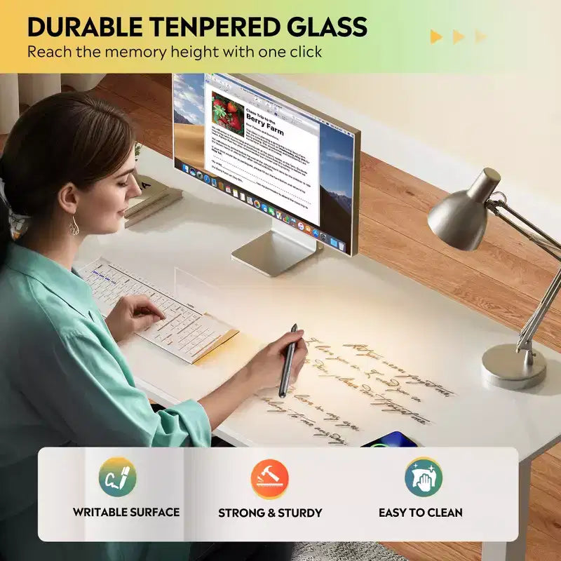Bureau électrique réglable en hauteur de 55 pouces avec tiroirs, bureau en verre d'une seule pièce, bureau debout à installation rapide, blanc