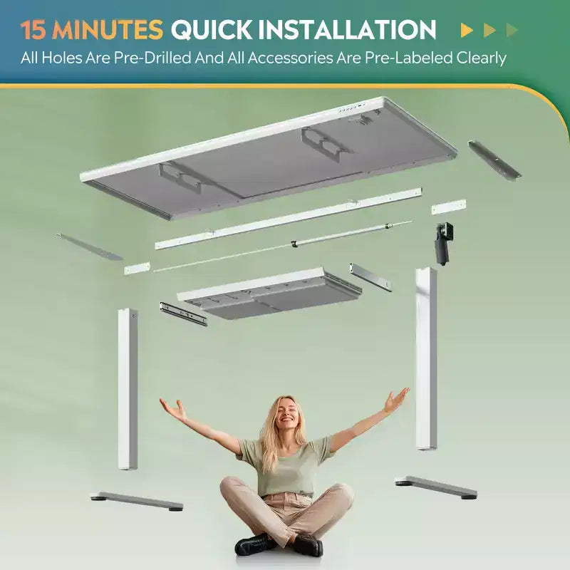 Bureau électrique réglable en hauteur de 55 pouces avec tiroirs, bureau en verre d'une seule pièce, bureau debout à installation rapide, blanc
