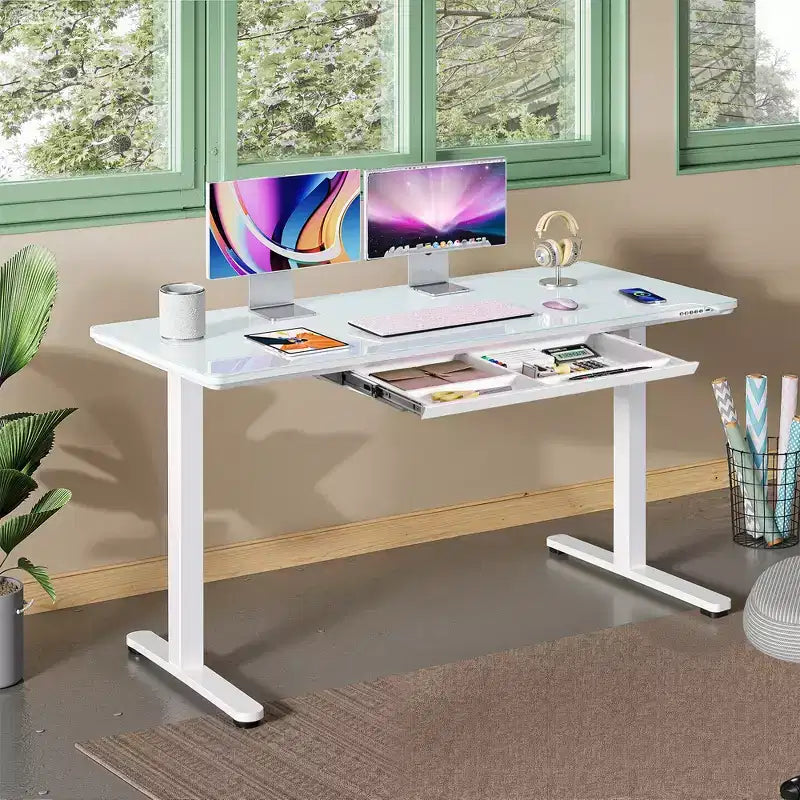 Bureau électrique réglable en hauteur de 55 pouces avec tiroirs, bureau en verre d'une seule pièce, bureau debout à installation rapide, blanc