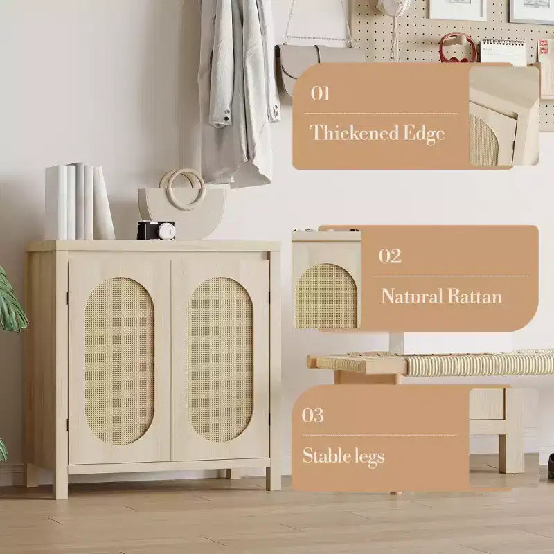 Buffet bahut des années 50 - Meuble de rangement rétro avec portes en rotin et étagères réglables, console d'appoint chic et bohème pour salon