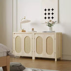 Buffet bahut des années 50 - Meuble de rangement rétro avec portes en rotin et étagères réglables, console d'appoint chic et bohème pour salon
