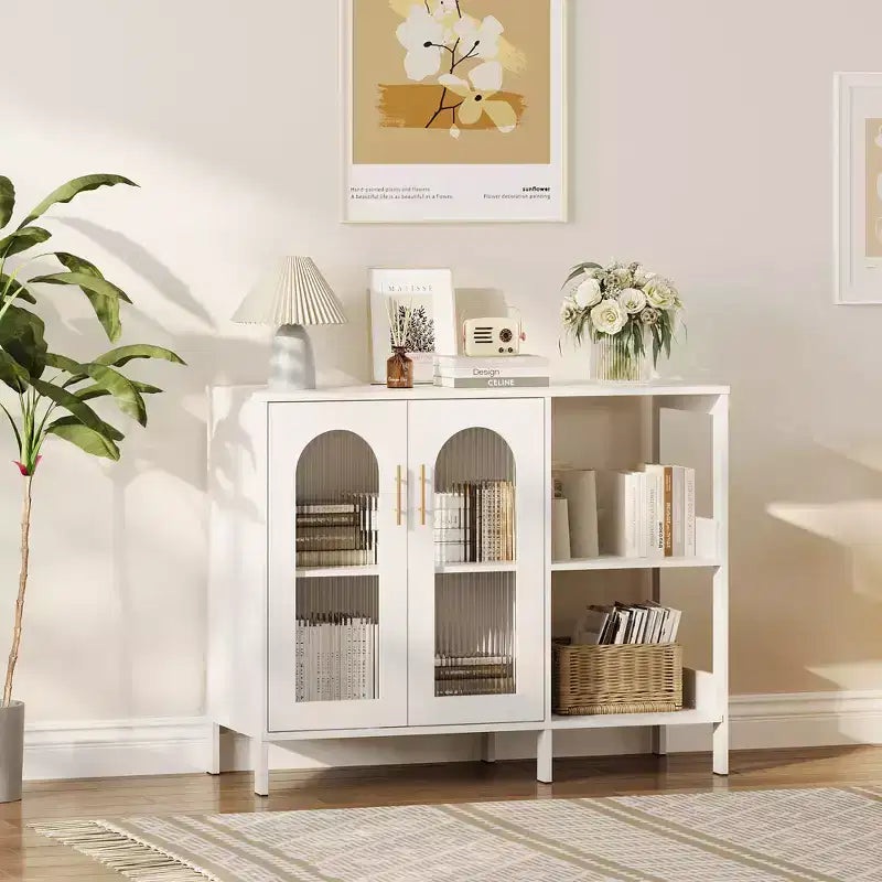 Buffet moderne, buffet avec portes vitrées et étagères réglables, meuble de rangement en bois avec poignées métalliques pour salon, cuisine