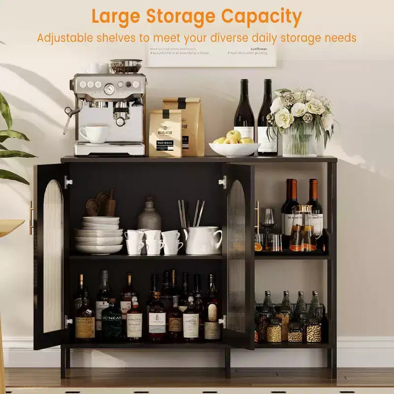 Buffet moderne, buffet avec portes vitrées et étagères réglables, meuble de rangement en bois avec poignées métalliques pour salon, cuisine