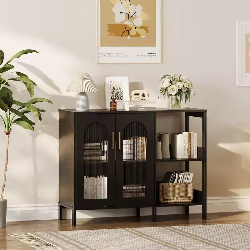 Buffet moderne, buffet avec portes vitrées et étagères réglables, meuble de rangement en bois avec poignées métalliques pour salon, cuisine