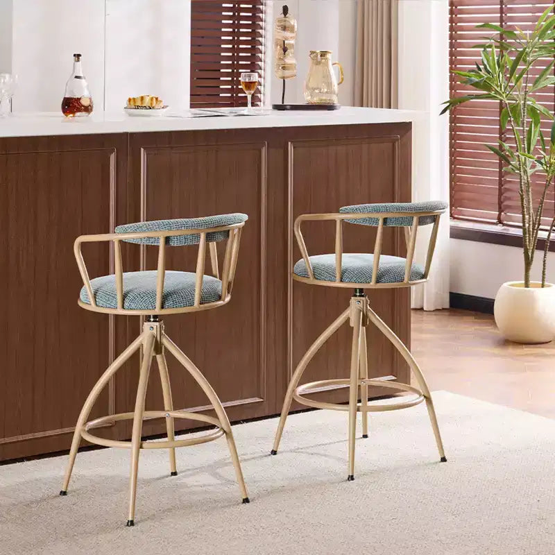 Tabouret de bar pivotant en tissu de lin bleu neige avec pieds en bois