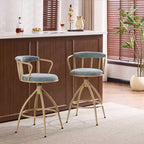 Tabouret de bar pivotant en tissu de lin bleu neige avec pieds en bois