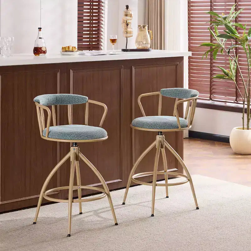 Tabouret de bar pivotant en tissu de lin bleu neige avec pieds en bois