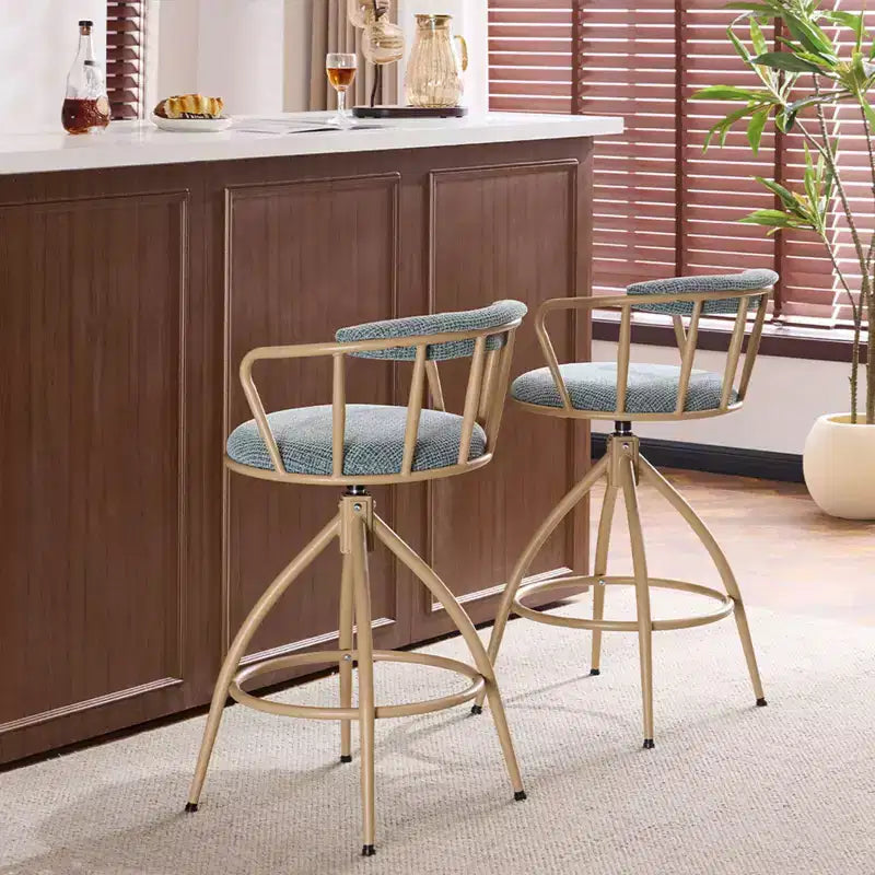 Tabouret de bar pivotant en tissu de lin bleu neige avec pieds en bois