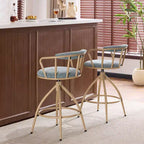 Tabouret de bar pivotant en tissu de lin bleu neige avec pieds en bois